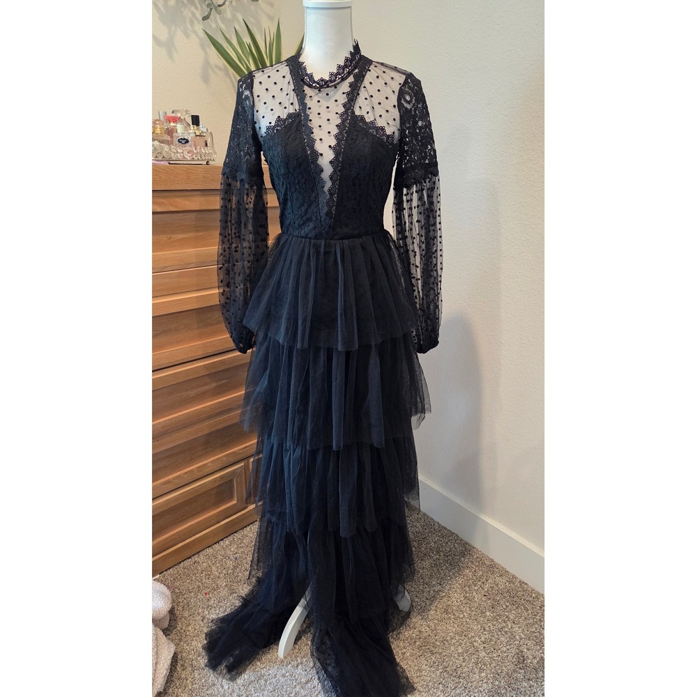 Giffniseti Lace Tulle Tiered Maxi Dress Sheer Polka Dot Gothic Black Gown Small - Picture 9 of 12